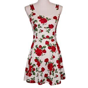 H&M Divided White w/ Red Rose‎ Print Scoop Back Fit & Flare Skater Dress, Size 6